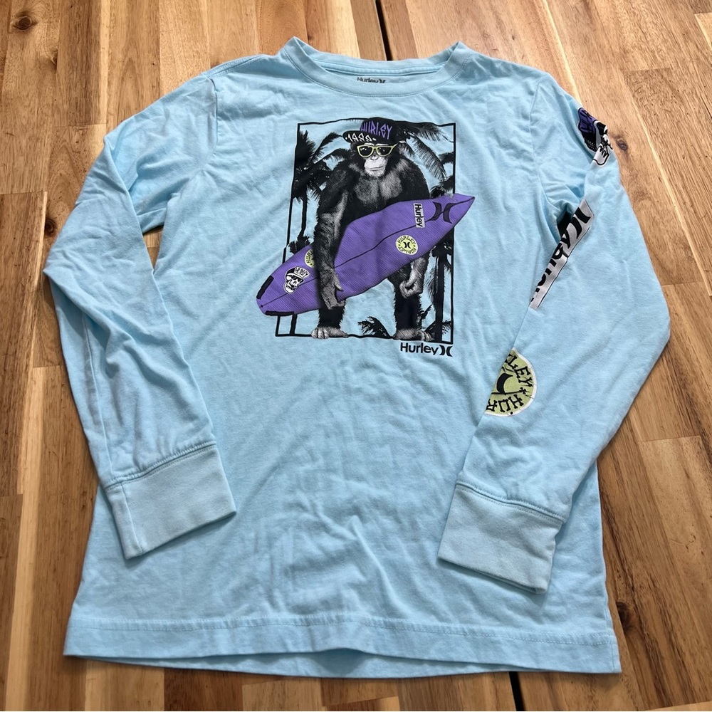 Hurley Boys Long Sleeve Graphic Tee Surf Monkey Blue Size L (12–13)